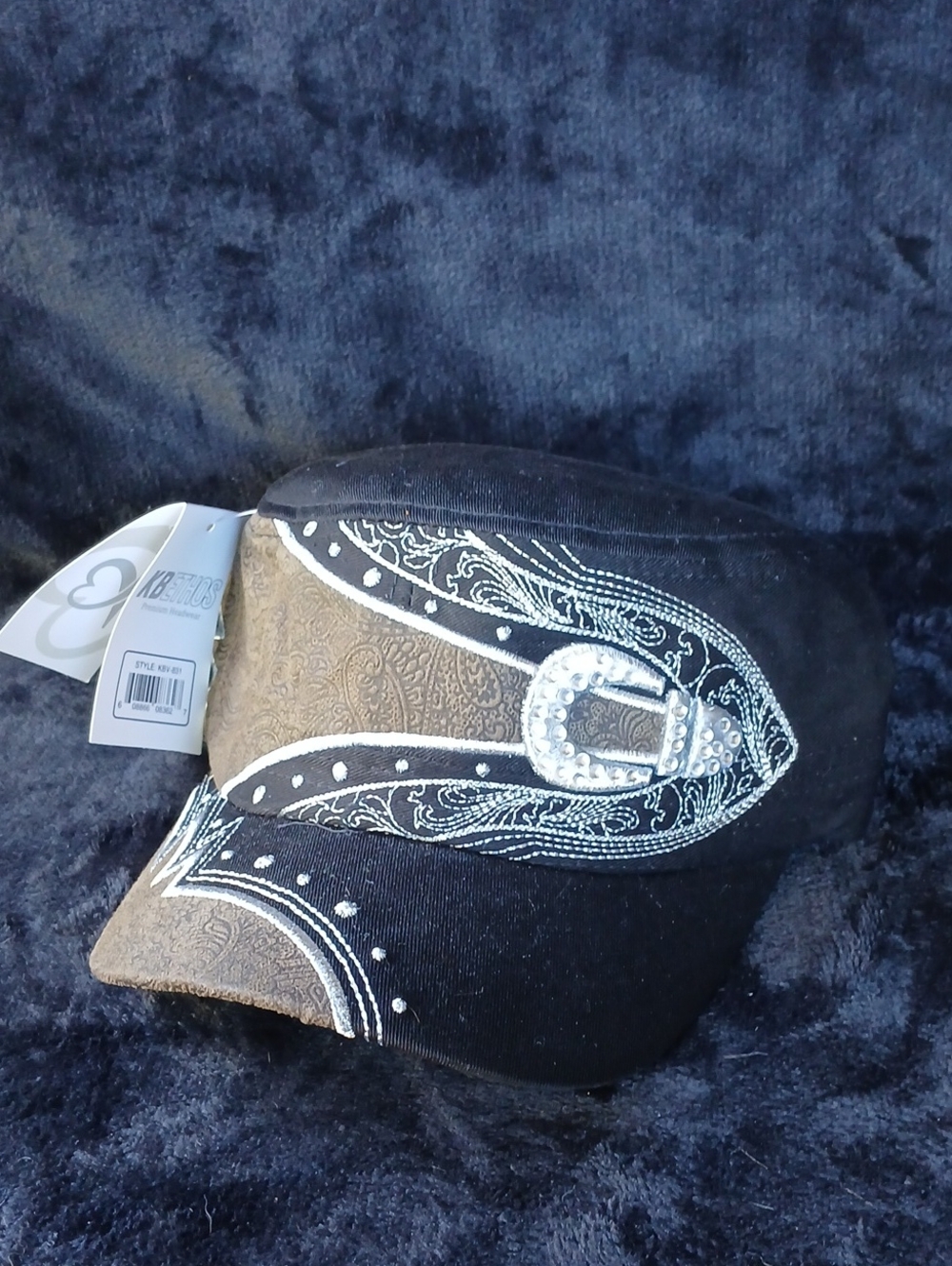KBETHOS Black and Brown Embroidered Decorative Cap with Rhinestone Buckle